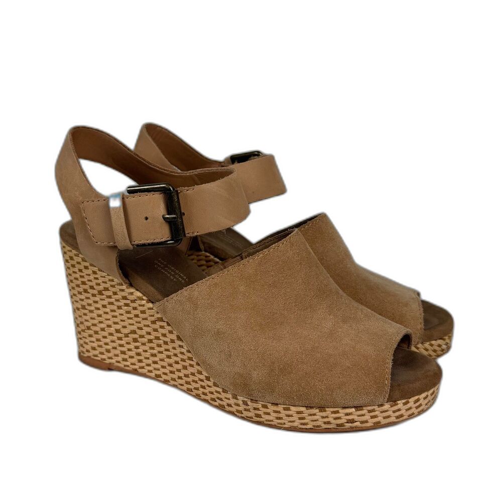Toms Tropez Wedge Sandals Womens 6.5 Tan Peep Toe Slingback Comfort